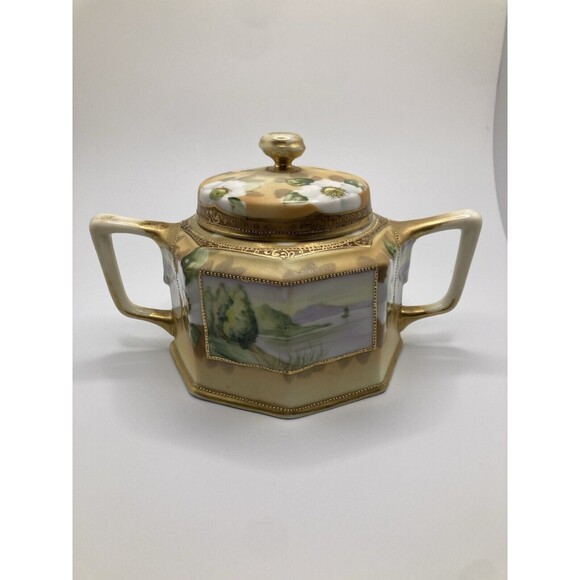Vintage Noritake Nippon Hand Painted Creamer & Sugar Set Lake Scene Gold Gilt - Picture 4 of 16